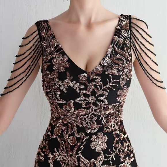 Black and Gold, Floral Print, Beaded Draped Sleeves, Sequined and Mesh Gown - Picture 12 of 16